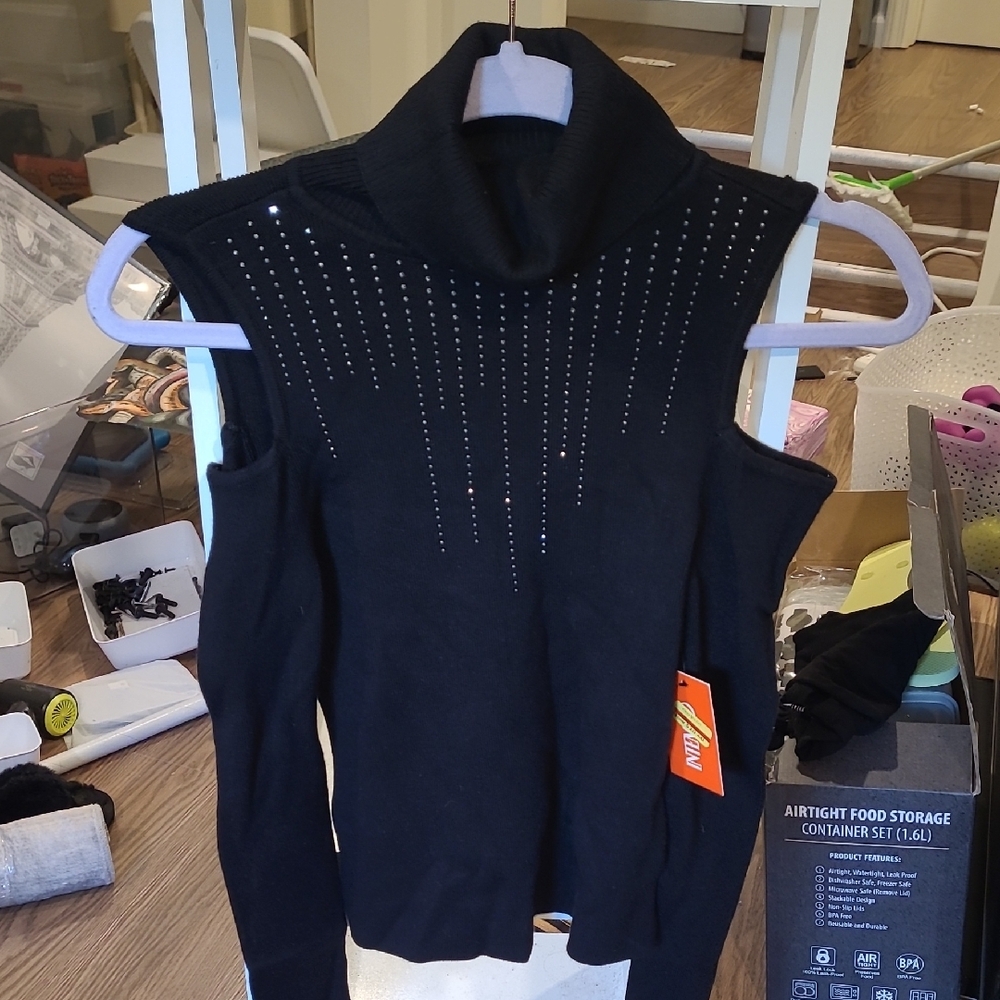 Black Turtleneck Sweater with Rhinestone Detailing